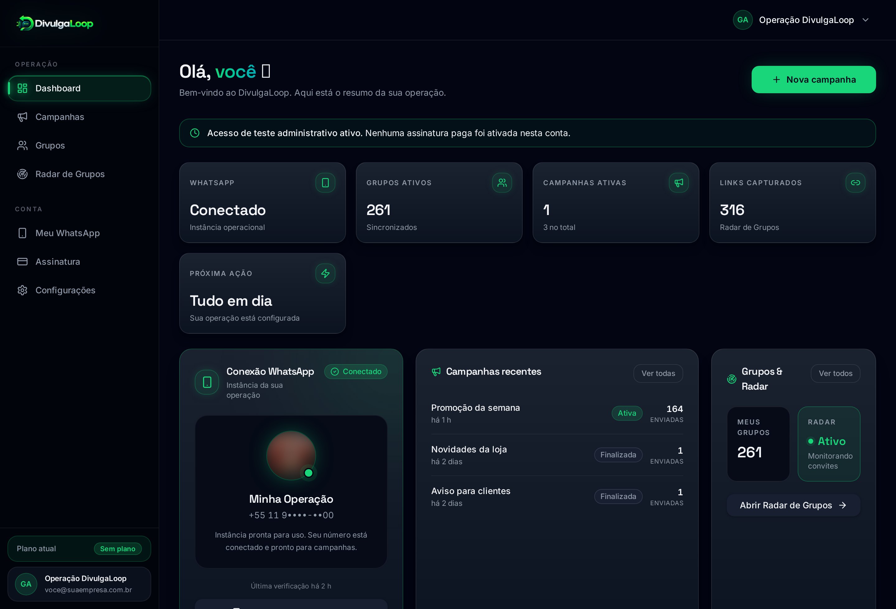 Painel do DivulgaLoop com status do WhatsApp, grupos, campanhas e Radar