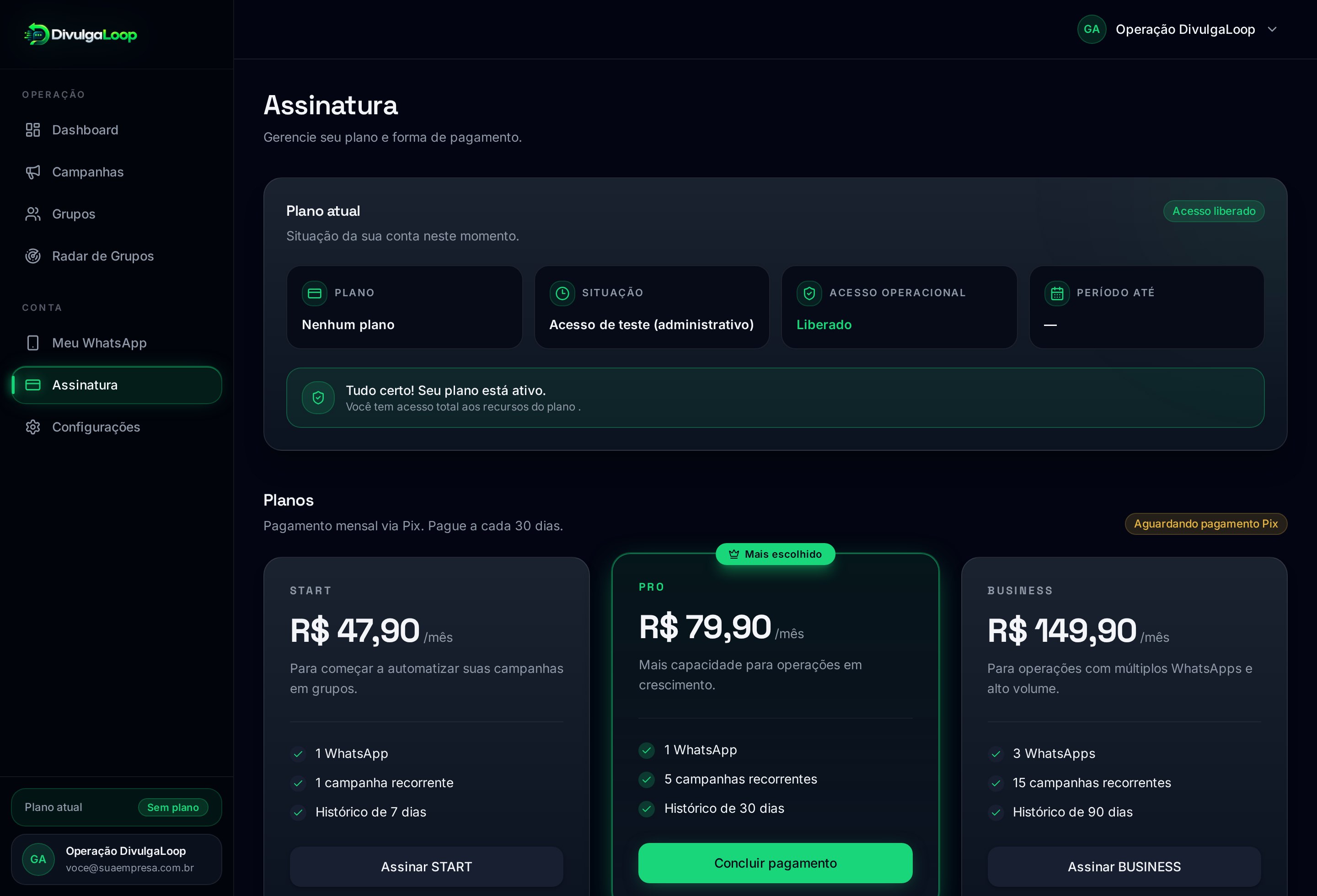 Página de assinatura do DivulgaLoop com planos e pagamento via Pix