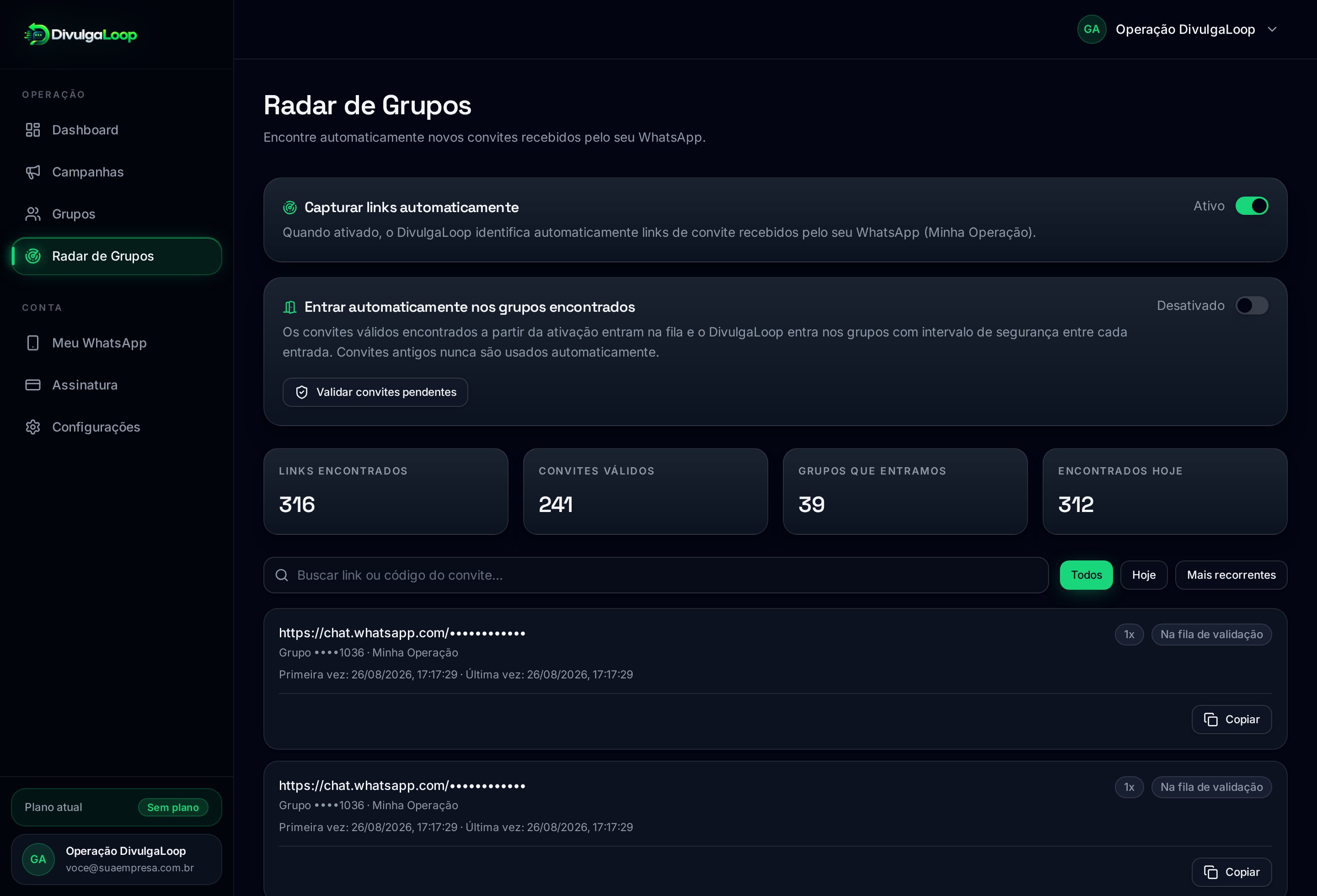 Página Radar de Grupos do DivulgaLoop com links capturados e status