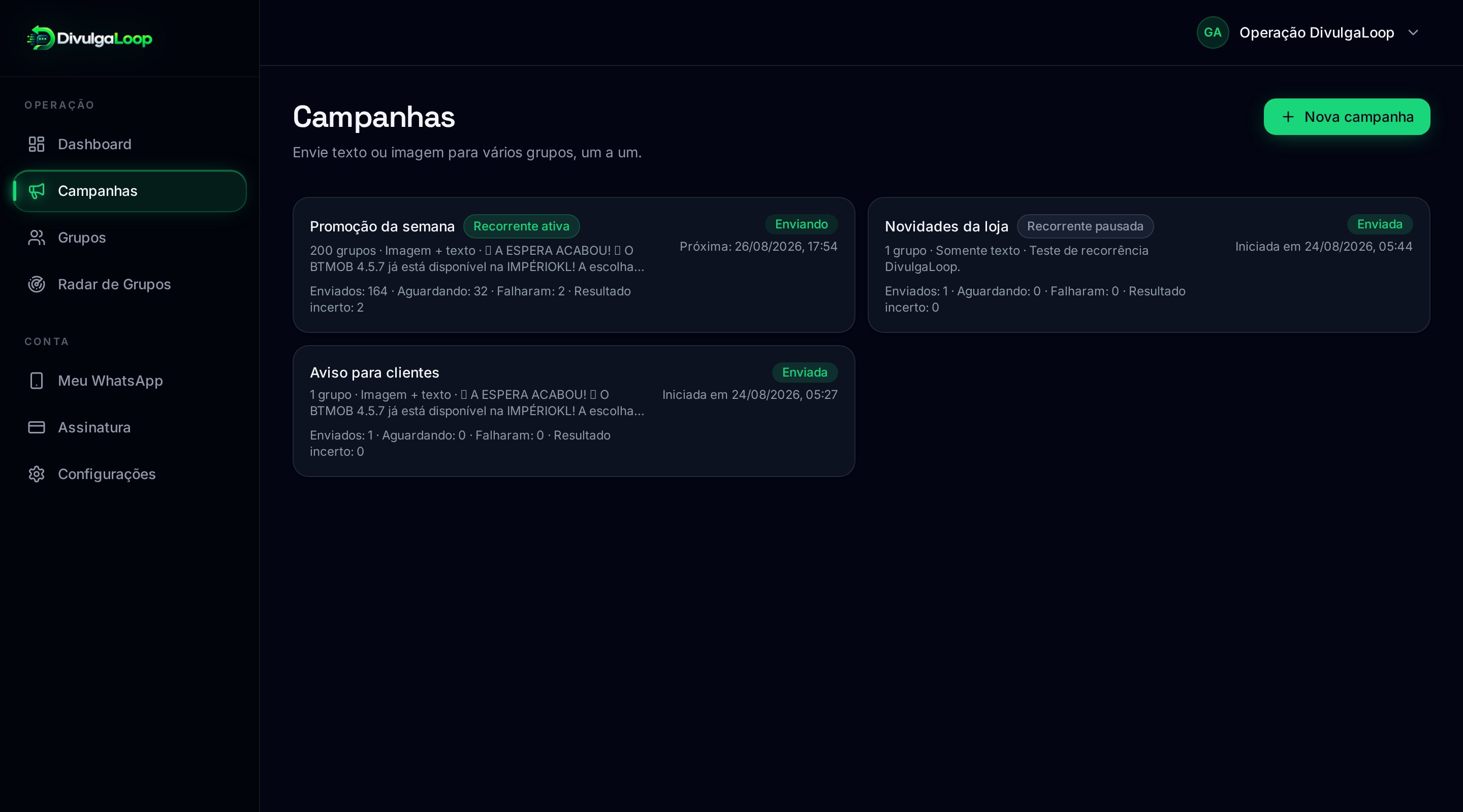 Lista de campanhas do DivulgaLoop com status, progresso e recorrência