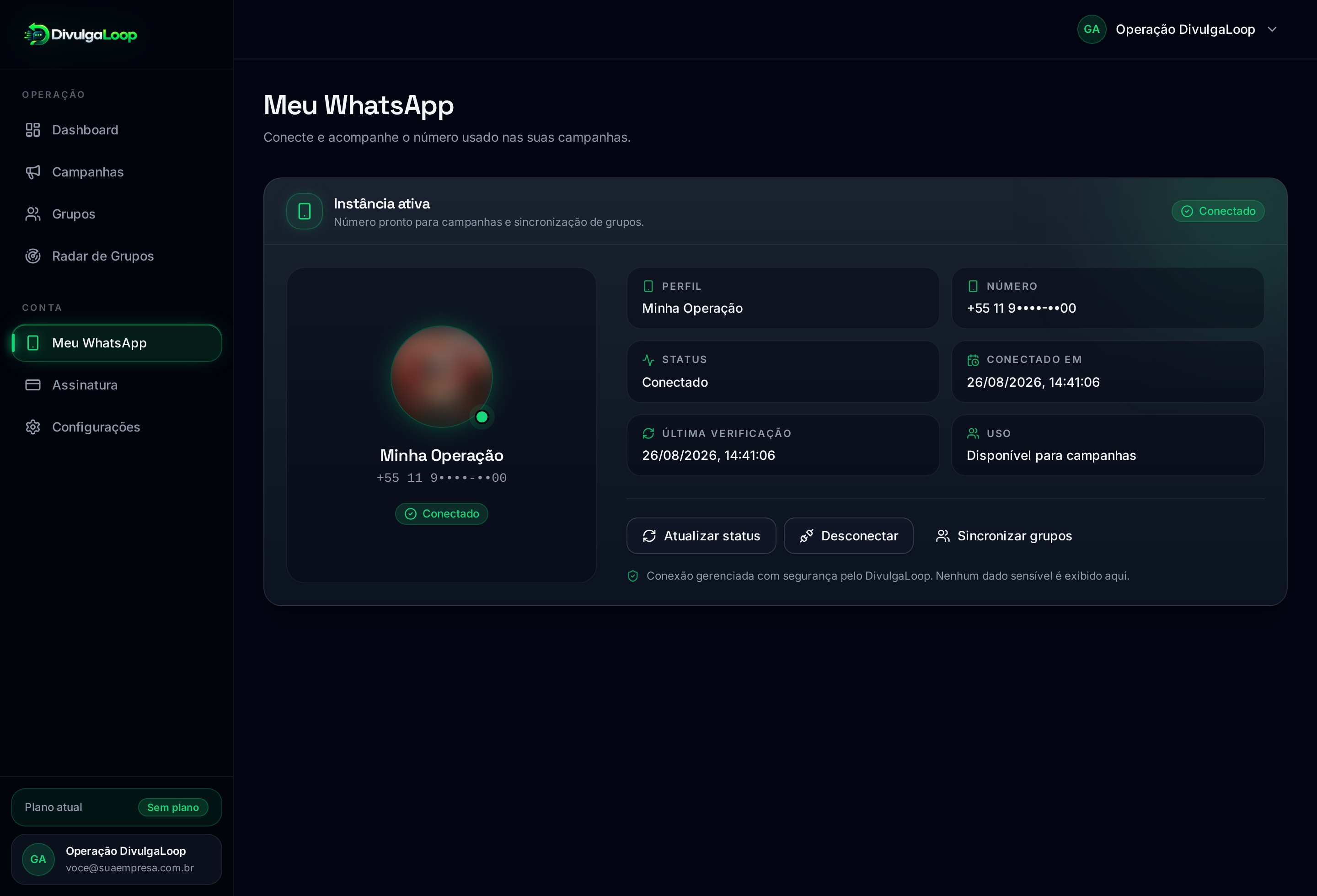 Página Meu WhatsApp do DivulgaLoop com status da instância conectada